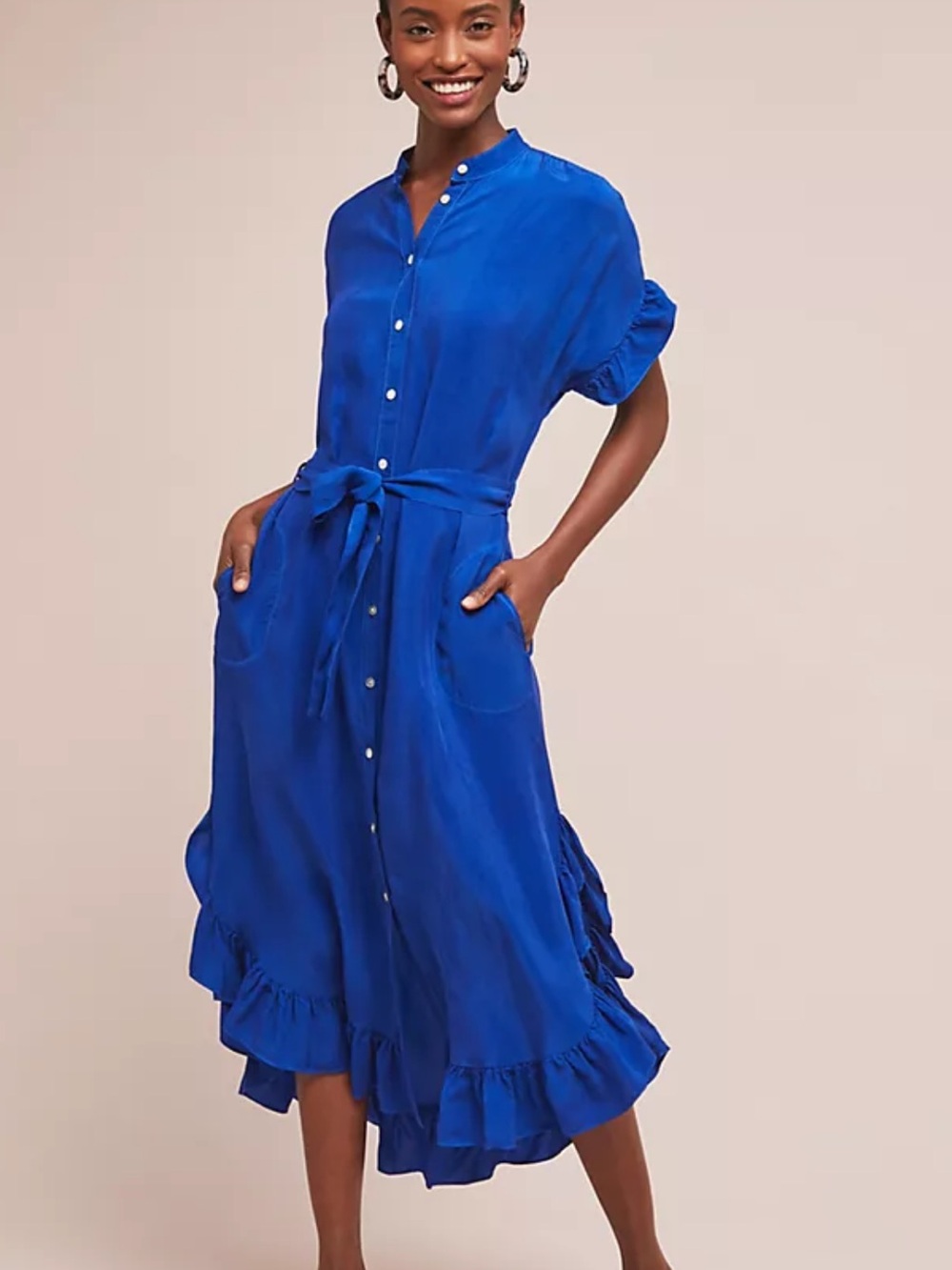 Anthropologie Cobalt Blue Ruffle Hem Shirtdress